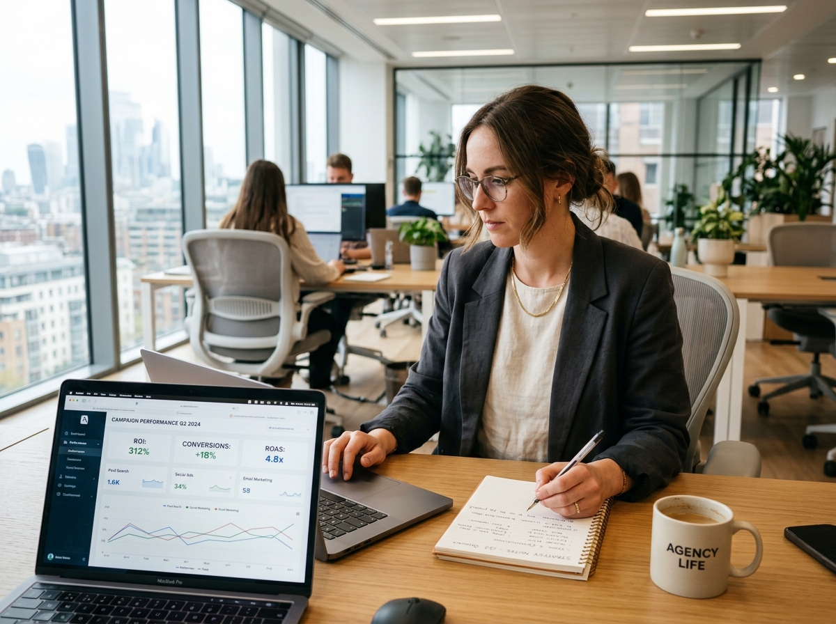 Digital marketing performance strategist analyzing campaign metrics and growth analytics on a laptop dashboard in a modern agency office