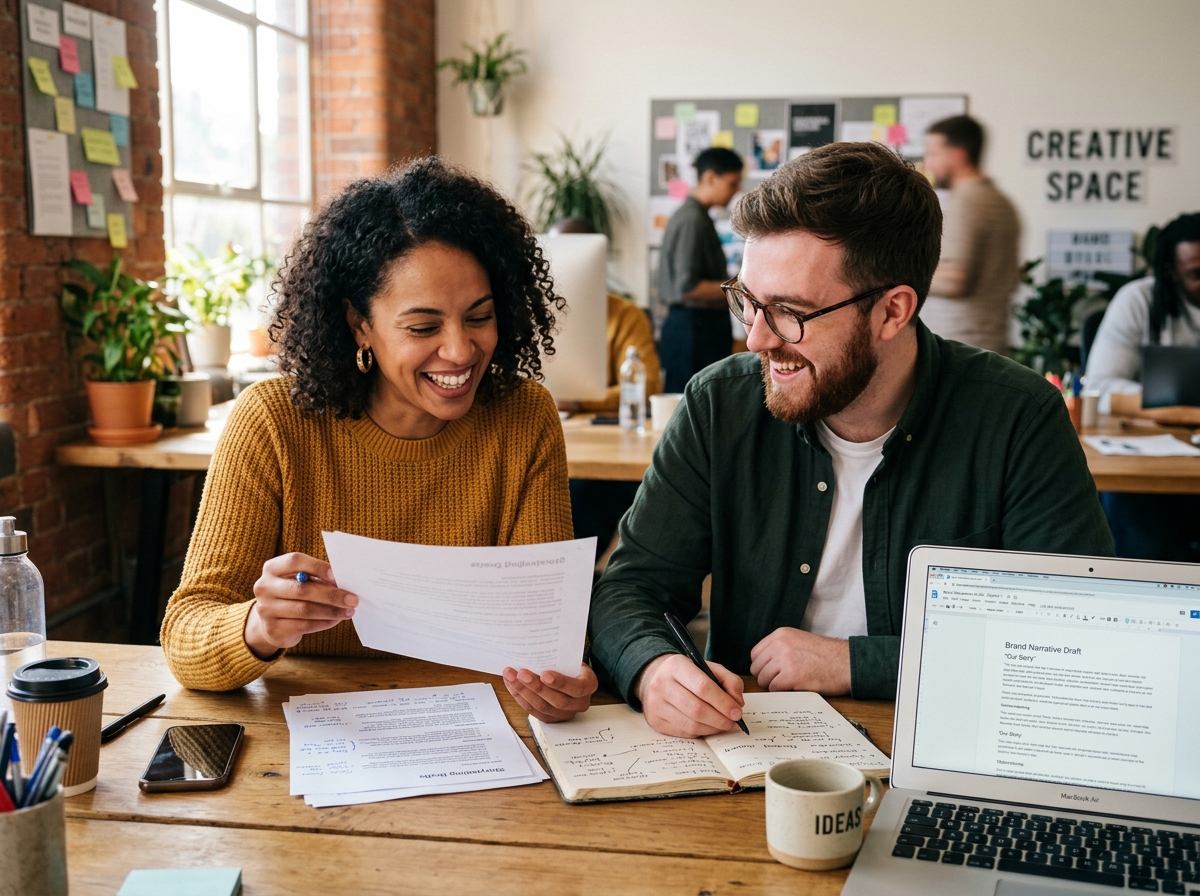 Digital marketing specialists discussing campaign performance notes and strategy in an office workspace